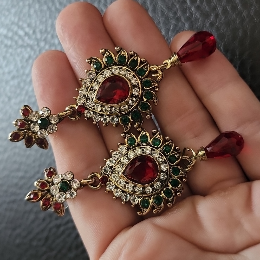 Gold Floral Red and Green Drop Earrings
